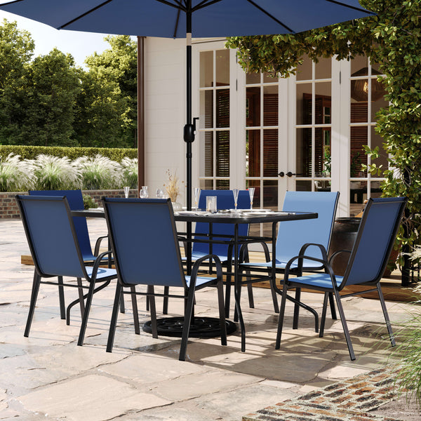 Navy |#| 7 Piece Patio Dining Set - 55" Glass Patio Table, 6 Navy Flex Stack Chairs
