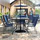 Navy |#| 7 Piece Patio Dining Set - 55" Glass Patio Table, 6 Navy Flex Stack Chairs