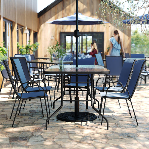 Navy |#| 7 Piece Patio Dining Set - 55" Glass Patio Table, 6 Navy Flex Stack Chairs