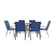 Navy |#| 7 Piece Patio Dining Set - 55" Glass Patio Table, 6 Navy Flex Stack Chairs
