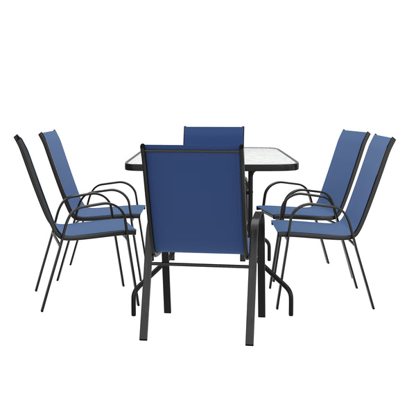 Navy |#| 7 Piece Patio Dining Set - 55" Glass Patio Table, 6 Navy Flex Stack Chairs