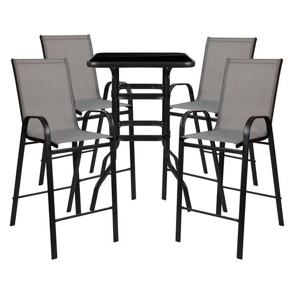 Gray |#| 5 Piece Outdoor Bar Height Set-Glass Patio Bar Table-Gray All-Weather Barstools