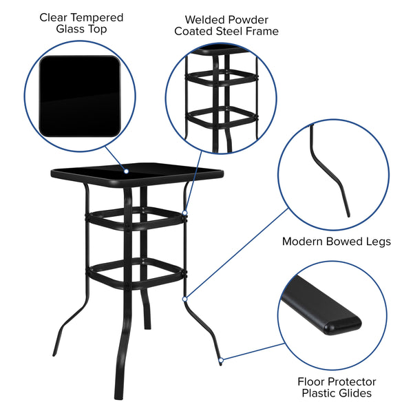 Black |#| 5 Piece Outdoor Bar Height Set-Glass Patio Bar Table-Black All-Weather Barstools
