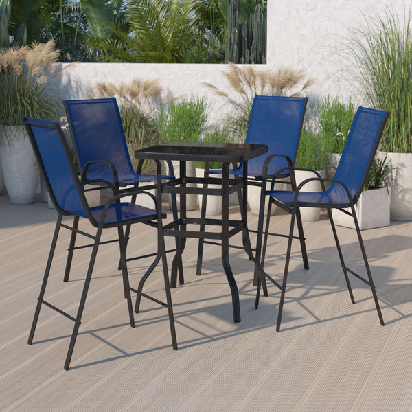 Navy |#| 5 Piece Outdoor Bar Height Set-Glass Patio Bar Table-Navy All-Weather Barstools