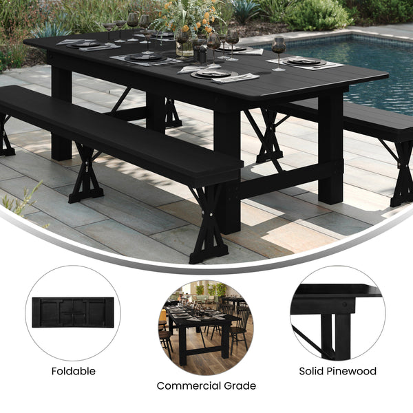 Black Wash |#| 9' x 40" Rectangular Rustic Solid Pine Farmhouse Folding Table in Black Wash