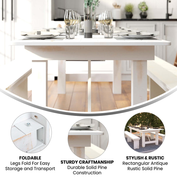 Antique Rustic White |#| 9' x 40" Rectangular Antique Rustic White Solid Pine Folding Farm Table