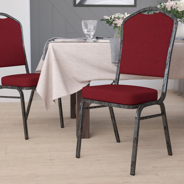 Burgundy Fabric/Silver Vein Frame |#| Crown Back Stacking Banquet Chair in Burgundy Fabric - Silver Vein Frame