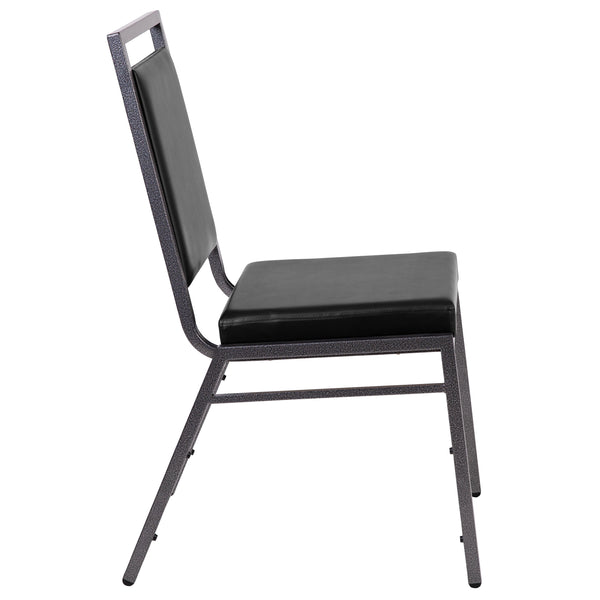 Black Vinyl/Silver Vein Frame |#| Square Back Banquet Stack Chair in Black Vinyl - Wedding Party Event Chair