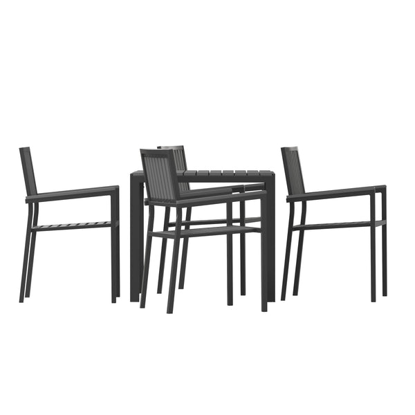 Black |#| All-Weather Resin Top Square Table & 4 Metal Chairs with Poly Resin Seats-Black