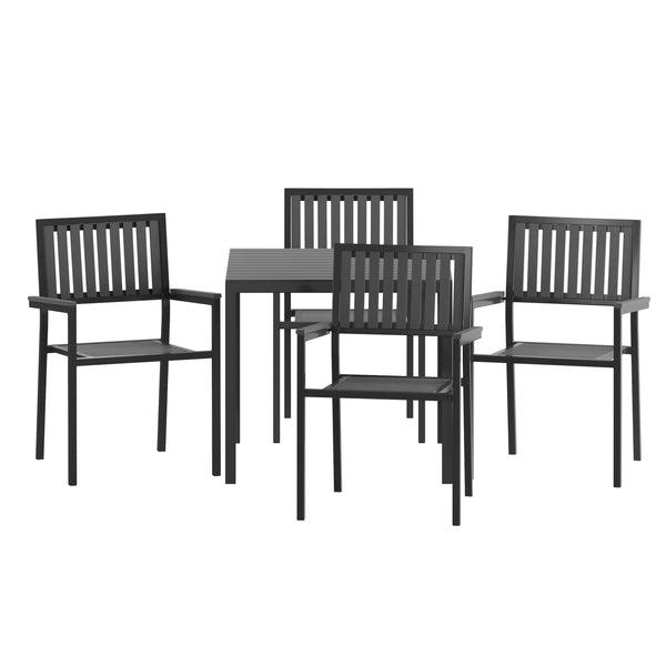 Black |#| All-Weather Resin Top Square Table & 4 Metal Chairs with Poly Resin Seats-Black