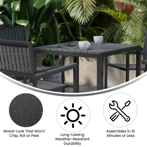 Black |#| All-Weather Resin Top Square Table & 4 Metal Chairs with Poly Resin Seats-Black