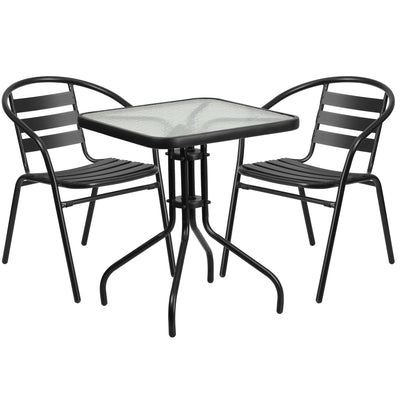 Lila 23.5'' Square Glass Metal Table with 2 Metal Aluminum Slat Stack Chairs - View 1