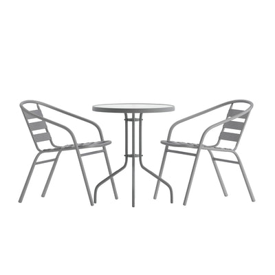 Lila 23.75'' Round Glass Metal Table with 2 Metal Aluminum Slat Stack Chairs - View 1