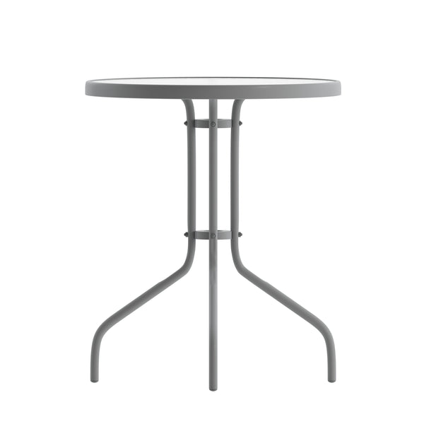 Bronze |#| Modern 23.75inch Round Glass Framed Glass Table with 2 Bronze Slat Back Chairs