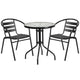 Black |#| 23.75inch Round Glass Metal Table with 2 Black Metal Aluminum Slat Stack Chairs