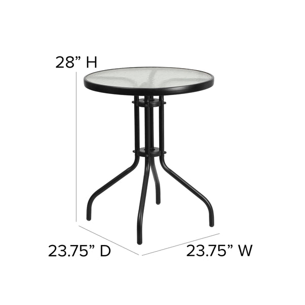 Black |#| 23.75inch Round Glass Metal Table with 2 Black Metal Aluminum Slat Stack Chairs