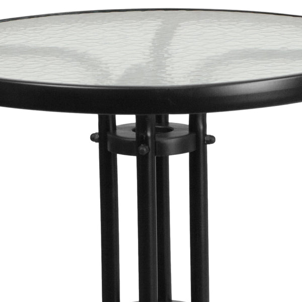 Black |#| 23.75inch Round Glass Metal Table with 2 Black Metal Aluminum Slat Stack Chairs