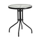 Black |#| 23.75inch Round Glass Metal Table with 2 Black Metal Aluminum Slat Stack Chairs