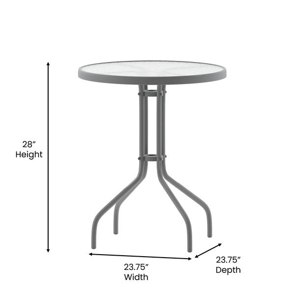 Silver |#| Modern 23.75inch Round Glass Framed Glass Table with 2 Silver Slat Back Chairs