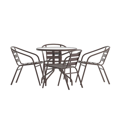 Lila 31.5'' Round Glass Metal Table with 4 Metal Aluminum Slat Stack Chairs
