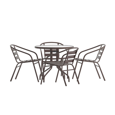 Lila 31.5'' Round Glass Metal Table with 4 Metal Aluminum Slat Stack Chairs - View 1