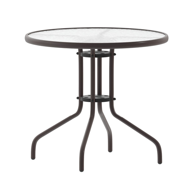 Bronze |#| Modern 31.5inch Round Glass Framed Glass Table with 4 Bronze Slat Back Chairs