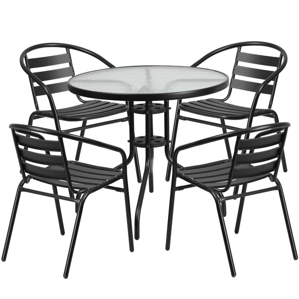 Black |#| 31.5inch Round Glass Metal Table with 4 Black Metal Aluminum Slat Stack Chairs