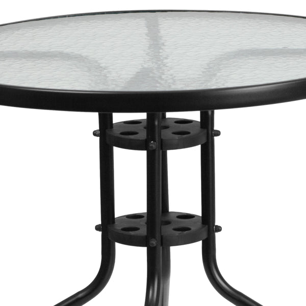 Black |#| 31.5inch Round Glass Metal Table with 4 Black Metal Aluminum Slat Stack Chairs