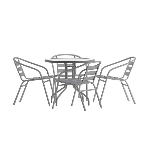 Silver |#| Modern 31.5inch Round Glass Framed Glass Table with 4 Silver Slat Back Chairs