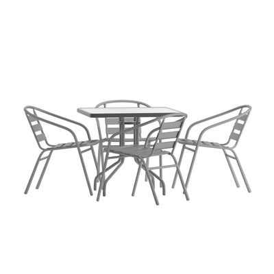 Lila 31.5'' Square Glass Metal Table with 4 Metal Aluminum Slat Stack Chairs - View 1