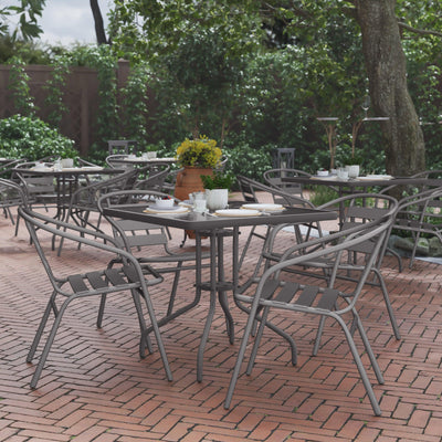 Lila 31.5'' Square Glass Metal Table with 4 Metal Aluminum Slat Stack Chairs - View 2