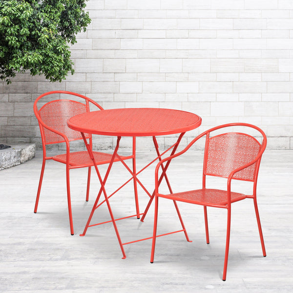 Coral |#| 30inch Round Coral Indoor-Outdoor Steel Folding Patio Table Set with 2 Chairs