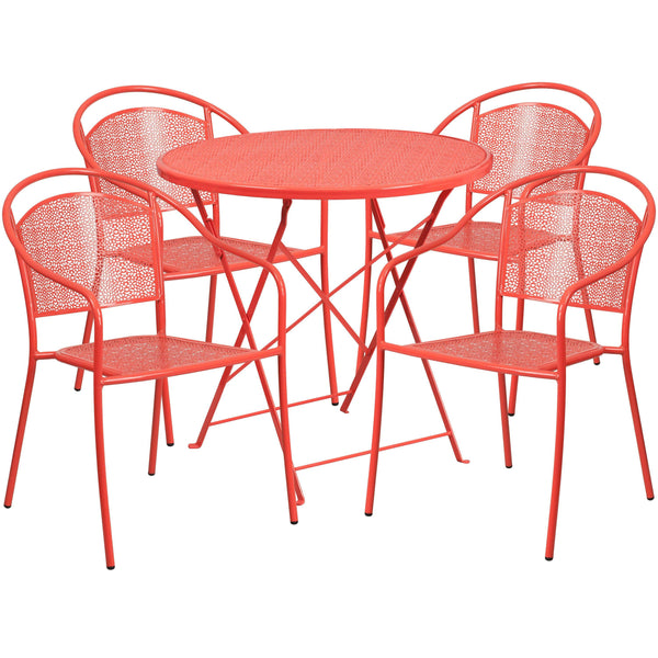 Coral |#| 30inch Round Coral Indoor-Outdoor Steel Folding Patio Table Set with 4 Chairs