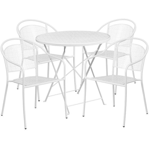 White |#| 30inch Round White Indoor-Outdoor Steel Folding Patio Table Set with 4 Chairs