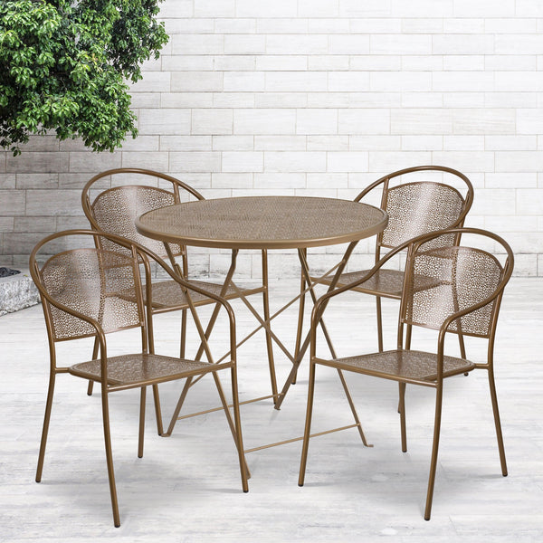 Gold |#| 30inch Round Gold Indoor-Outdoor Steel Folding Patio Table Set with 4 Chairs