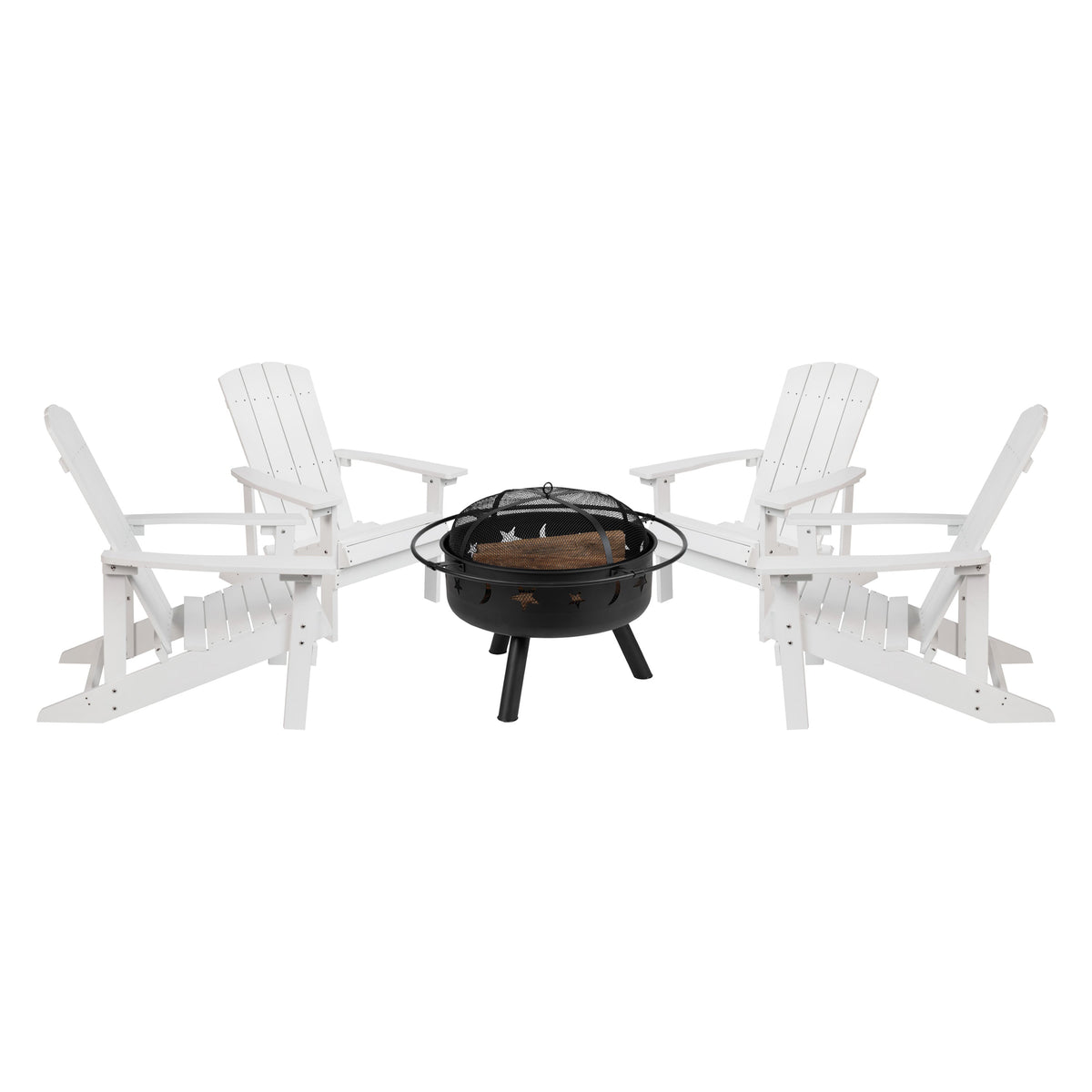 White |#| Star and Moon Fire Pit with Mesh Cover & 4 White Poly Resin Adirondack Chairs