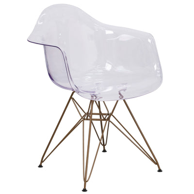Allure Series Transparent Side Chair with Arms and Gold Base