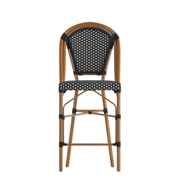 Black & White/Natural Frame |#| All-Weather Commercial Paris Stool with Bamboo Print Metal Frame-Black/White