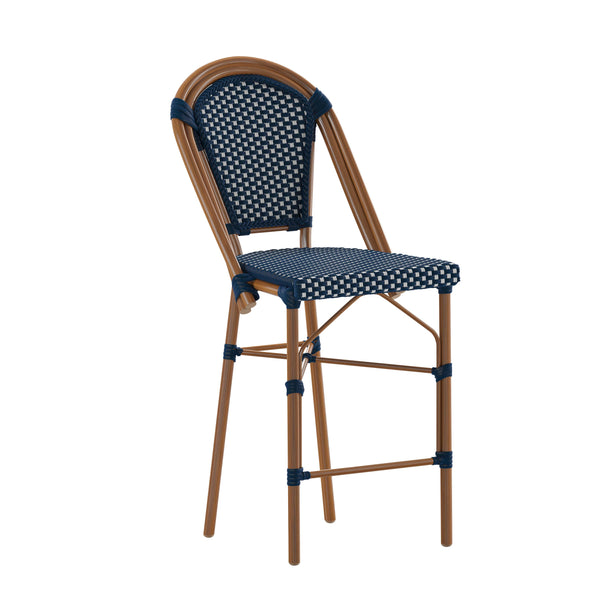 Navy & White/Natural Frame |#| All-Weather Commercial Paris Stool with Bamboo Print Metal Frame-Navy/White
