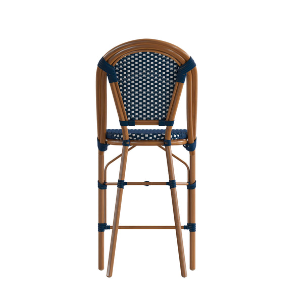 Navy & White/Natural Frame |#| All-Weather Commercial Paris Stool with Bamboo Print Metal Frame-Navy/White