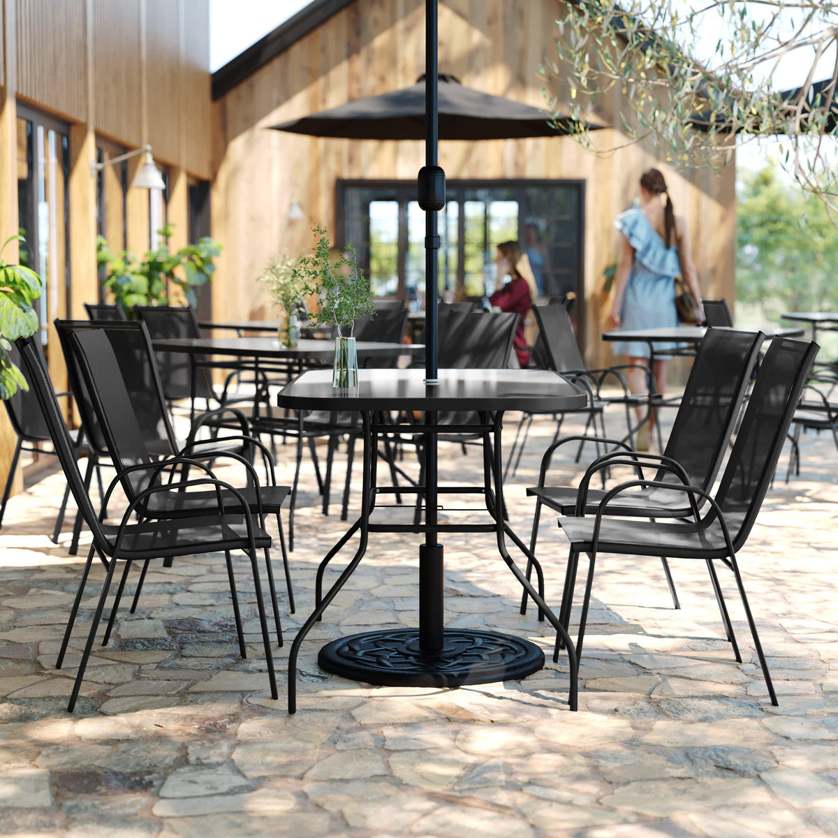 Black |#| Commercial 5 Pc Outdoor Patio Dining Set with Glass Table and 4 Chairs - Black