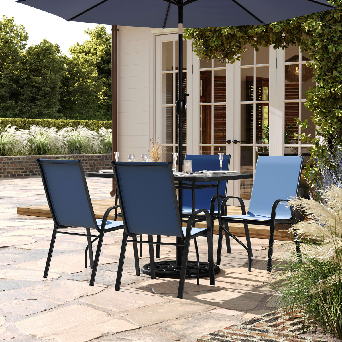 Navy |#| Commercial 5 Pc Outdoor Patio Dining Set with Glass Table and 4 Chairs - Navy