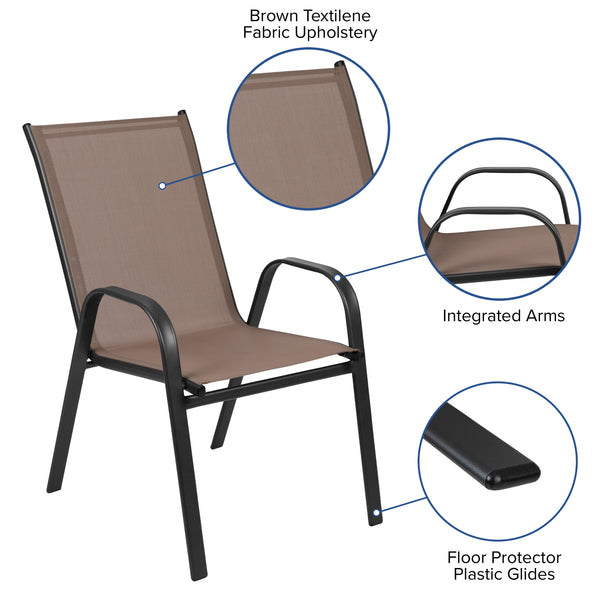 Brown |#| 5 Piece Patio Dining Set - 55" Glass Patio Table, 4 Brown Flex Stack Chairs