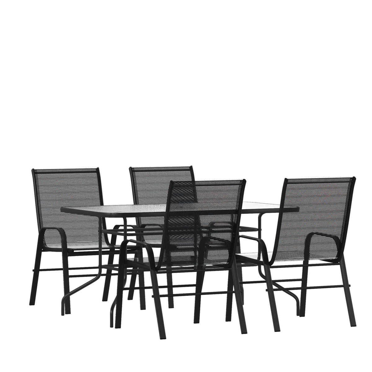 Black |#| 5 Piece Patio Dining Set - 55" Glass Patio Table, 4 Black Flex Stack Chairs