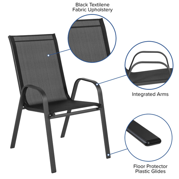 Black |#| 5 Piece Patio Dining Set - 55" Glass Patio Table, 4 Black Flex Stack Chairs