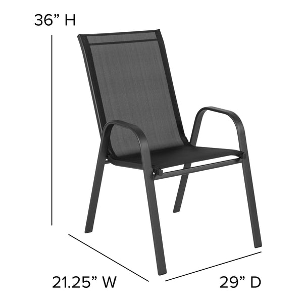 Black |#| 5 Piece Patio Dining Set - 55" Glass Patio Table, 4 Black Flex Stack Chairs
