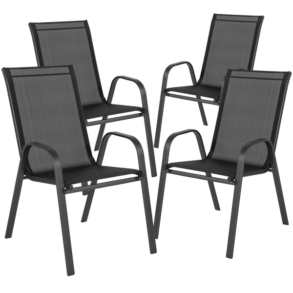 Black |#| 5 Piece Patio Dining Set - 55" Glass Patio Table, 4 Black Flex Stack Chairs