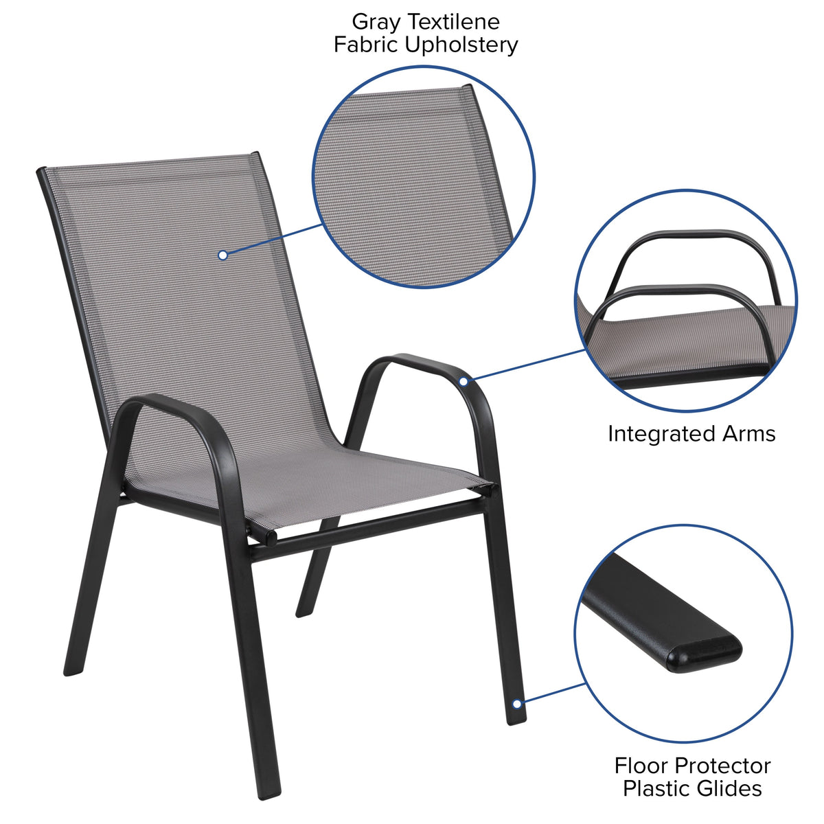 Gray |#| 5 Piece Patio Dining Set - 55" Glass Patio Table, 4 Gray Flex Stack Chairs