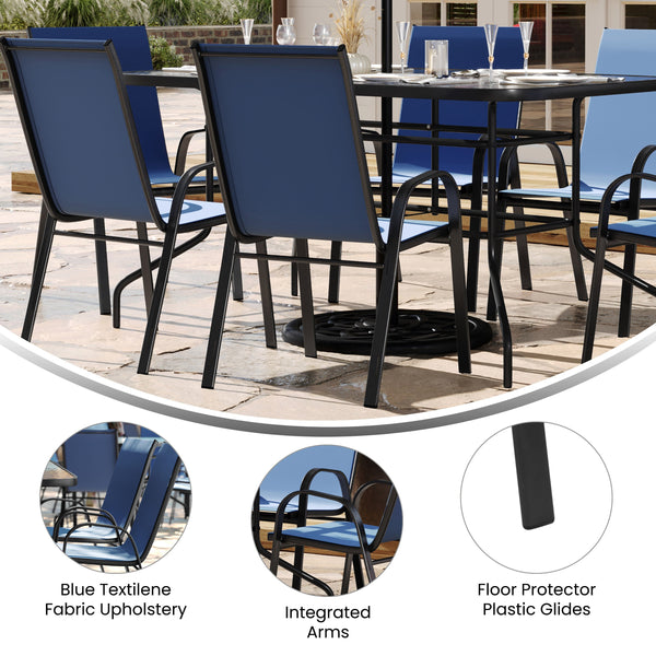 Navy |#| 5 Piece Patio Dining Set - 55" Glass Patio Table, 4 Navy Flex Stack Chairs