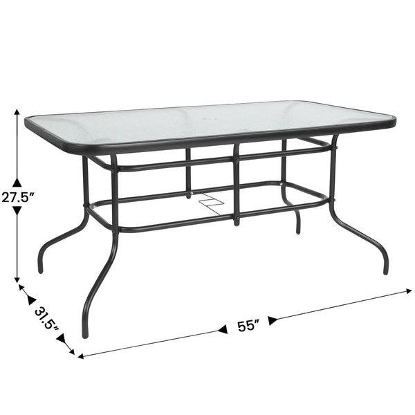 Navy |#| 5 Piece Patio Dining Set - 55" Glass Patio Table, 4 Navy Flex Stack Chairs